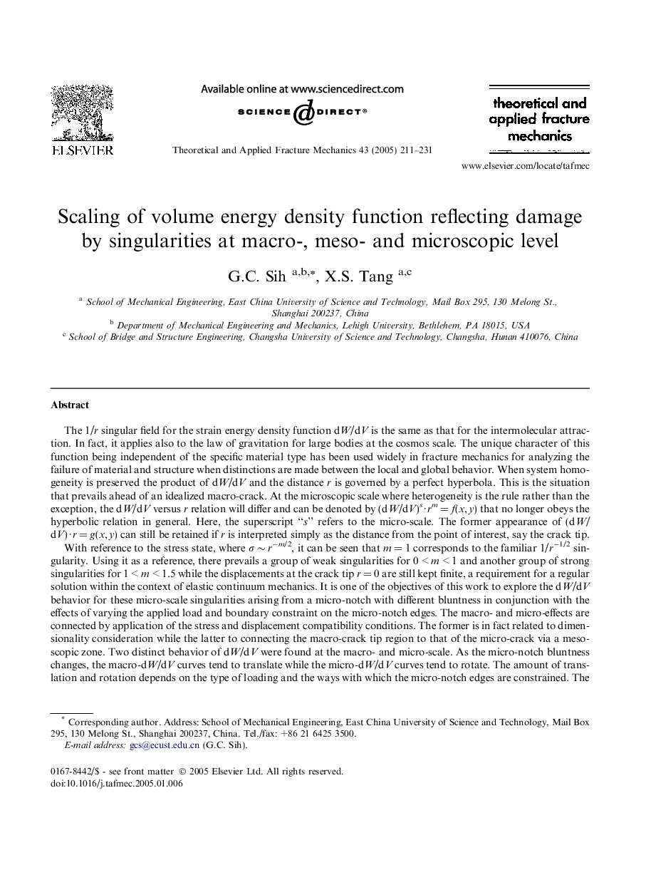 Scaling of volume energy density function reflecting damage by singularities at macro-, meso- and microscopic level