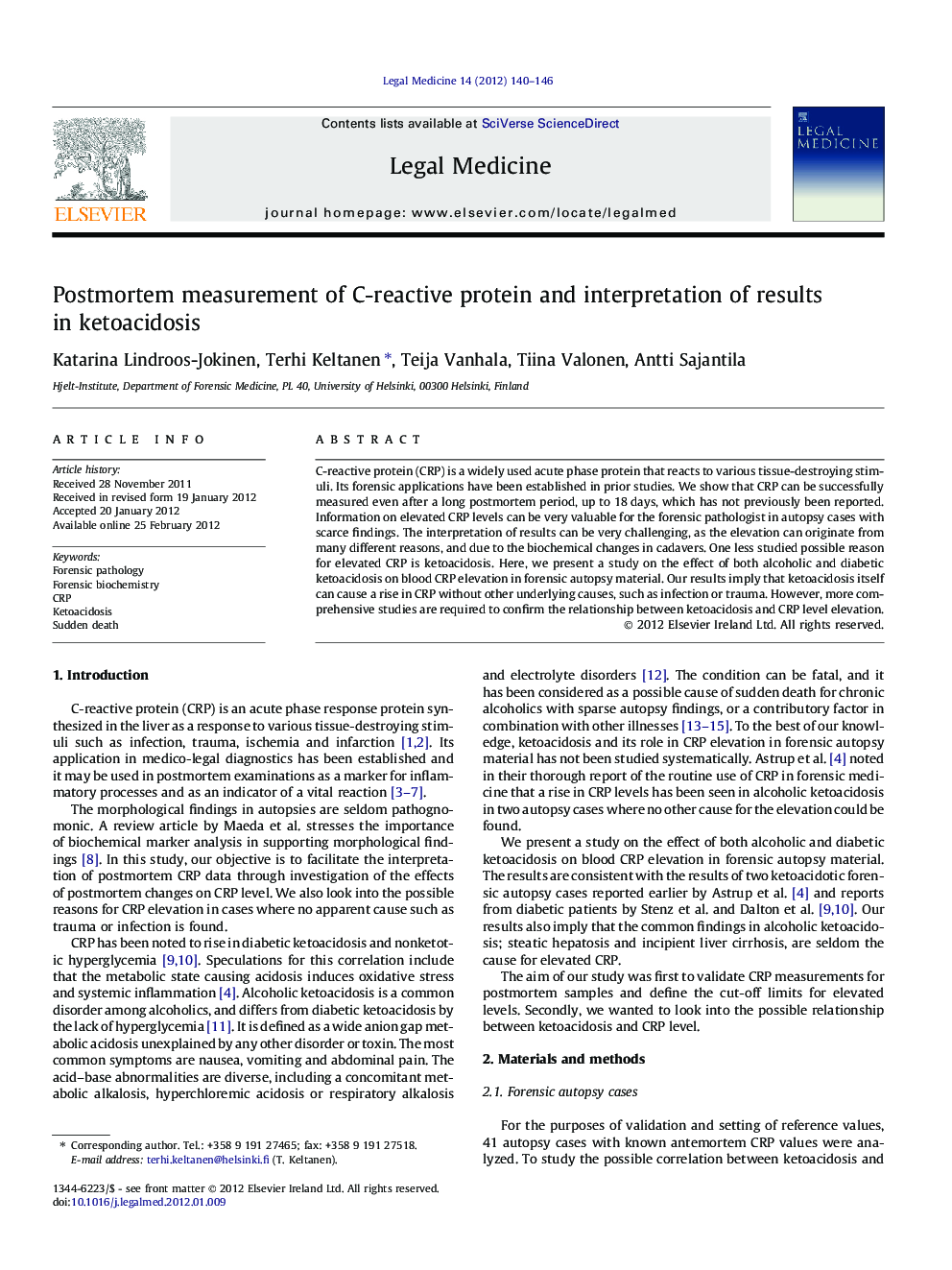 Postmortem measurement of C-reactive protein and interpretation of results in ketoacidosis