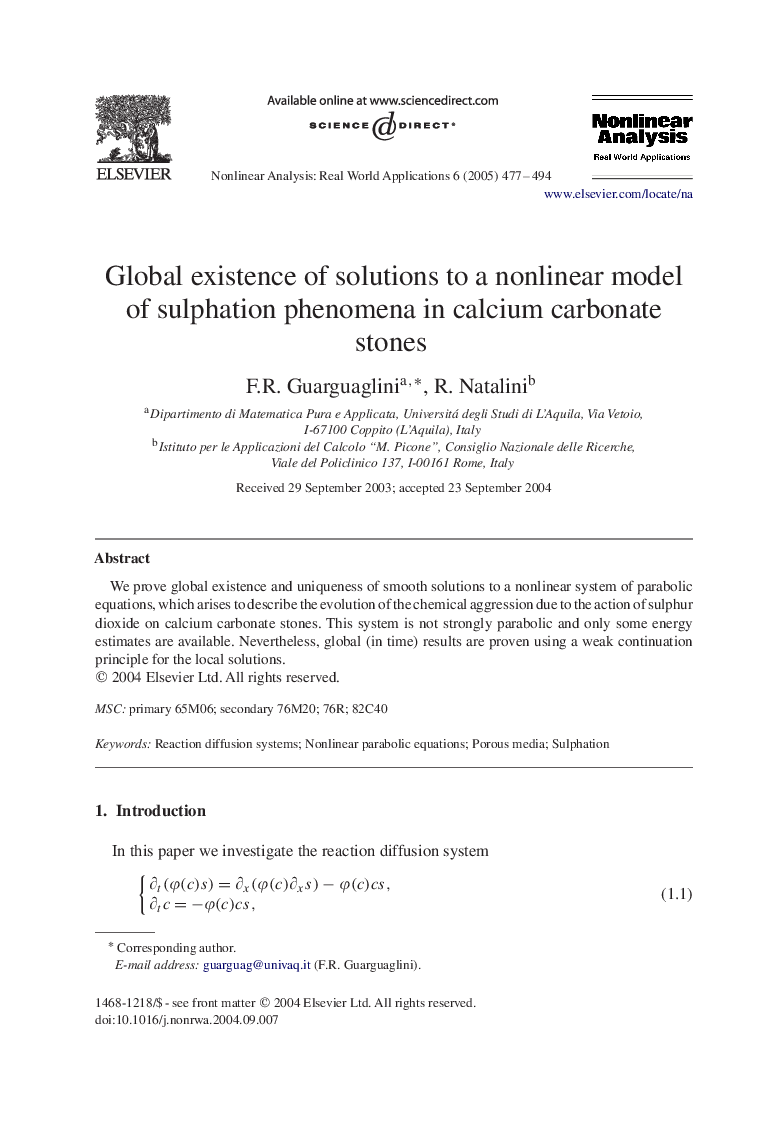 Global existence of solutions to a nonlinear model of sulphation phenomena in calcium carbonate stones