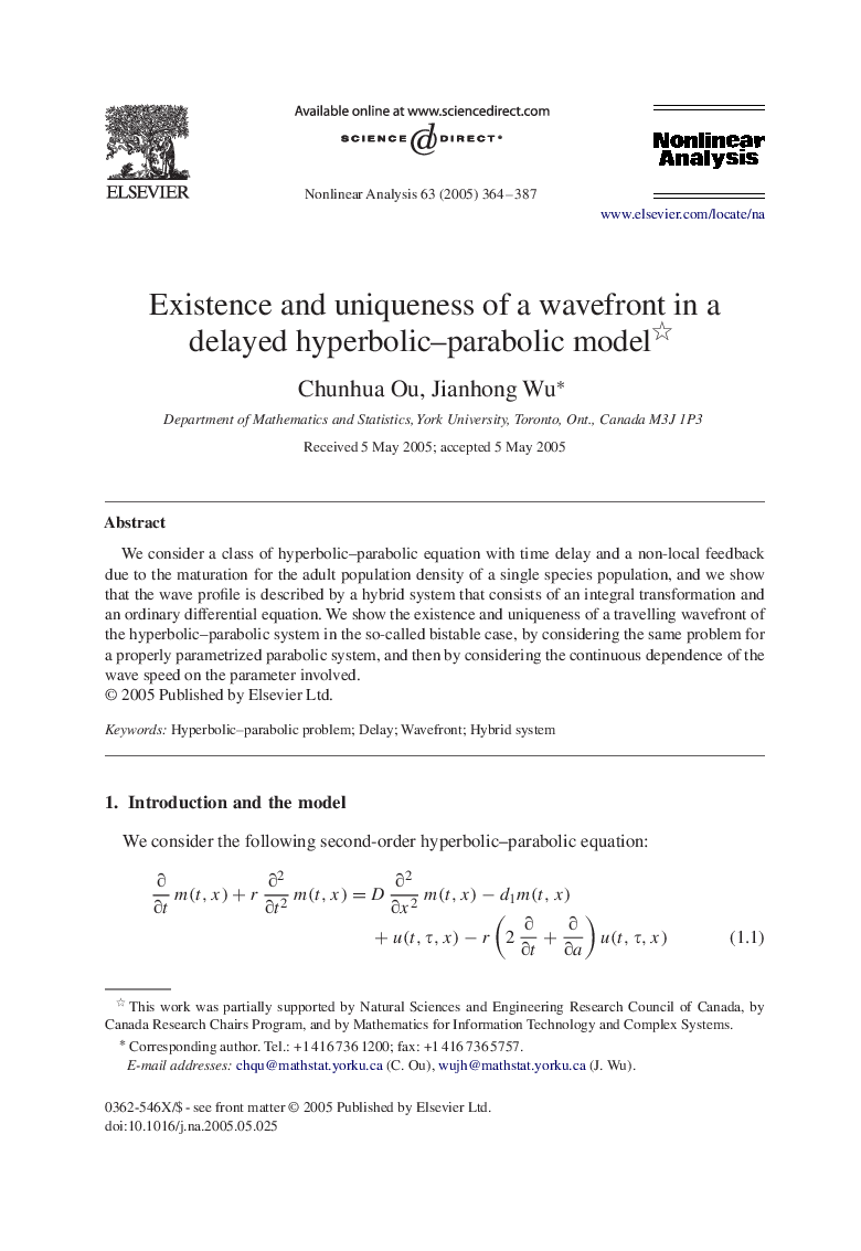 Existence and uniqueness of a wavefront in a delayed hyperbolic-parabolic model