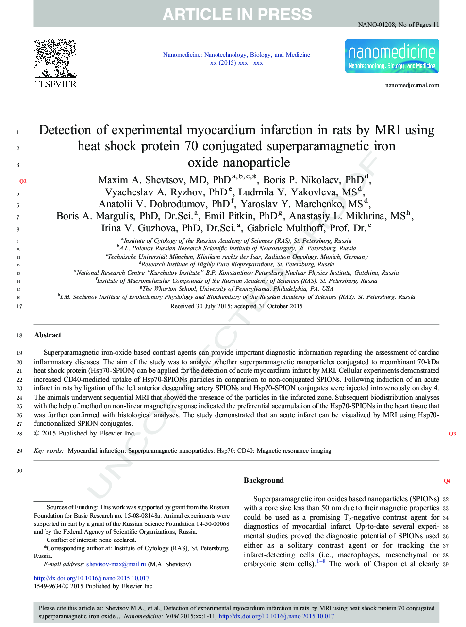 Detection of experimental myocardium infarction in rats by MRI using heat shock protein 70 conjugated superparamagnetic iron oxide nanoparticle