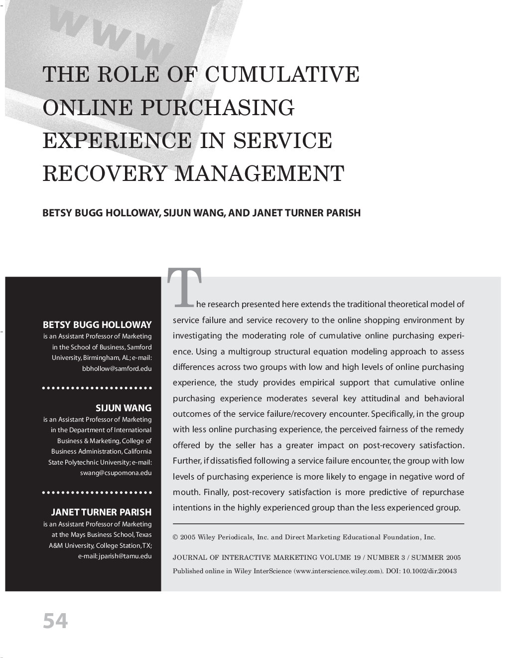 The role of cumulative online purchasing experience in service recovery management
