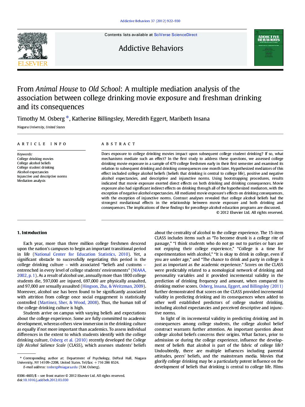 From Animal House to Old School: A multiple mediation analysis of the association between college drinking movie exposure and freshman drinking and its consequences