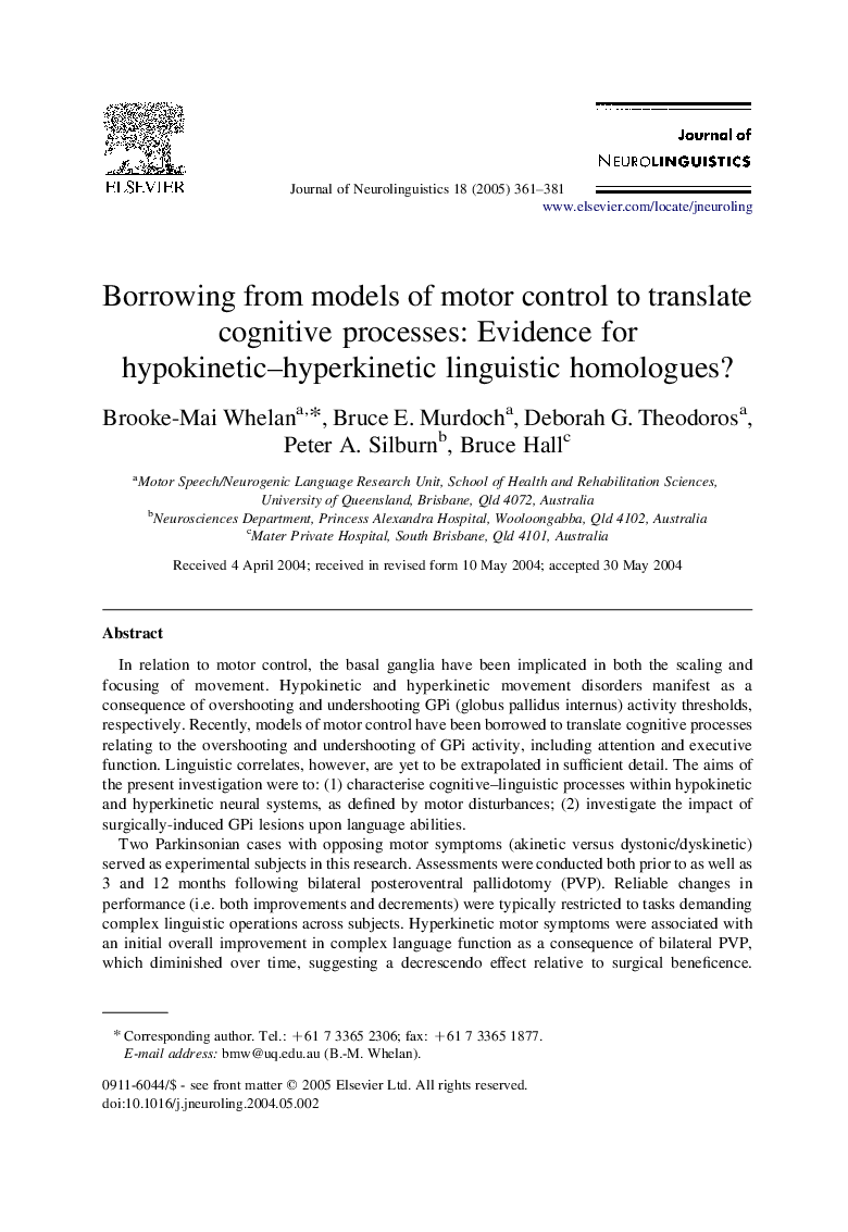 Borrowing from models of motor control to translate cognitive processes: Evidence for hypokinetic-hyperkinetic linguistic homologues?