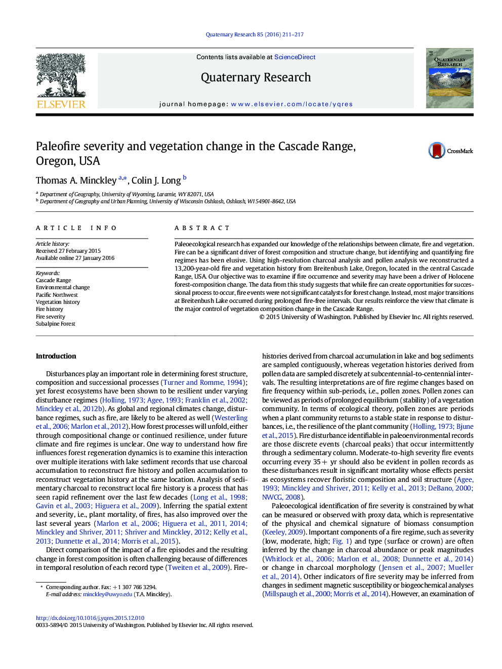 شدت Paleofire و تغییر پوشش گیاهی در محدوده آبشار، اورگان، ایالات متحده
