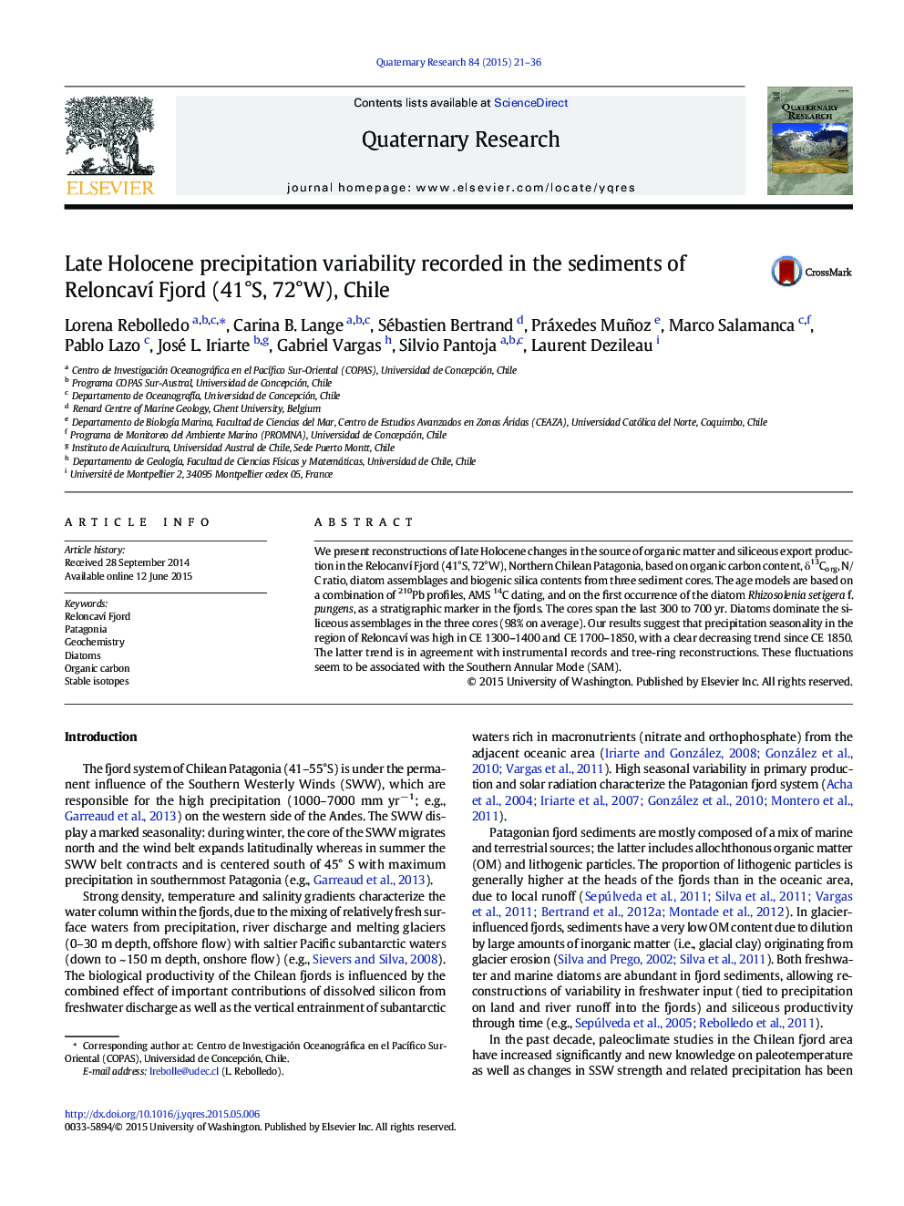 Late Holocene precipitation variability recorded in the sediments of Reloncaví Fjord (41°S, 72°W), Chile