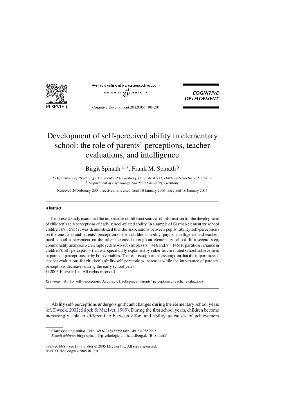 Development of self-perceived ability in elementary school: the role of parents' perceptions, teacher evaluations, and intelligence