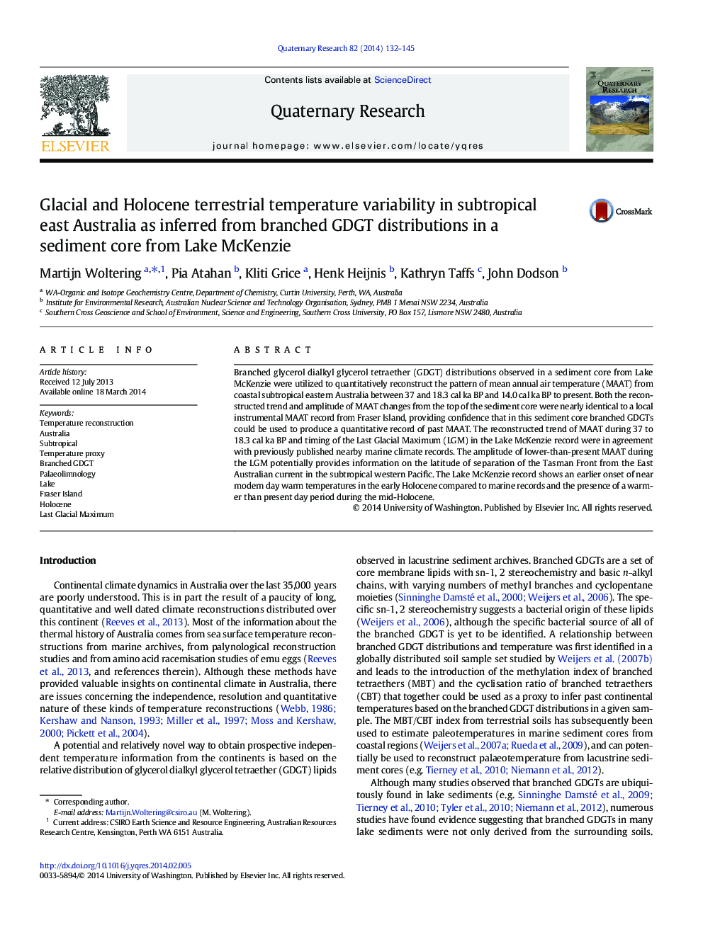 Glacial and Holocene terrestrial temperature variability in subtropical east Australia as inferred from branched GDGT distributions in a sediment core from Lake McKenzie