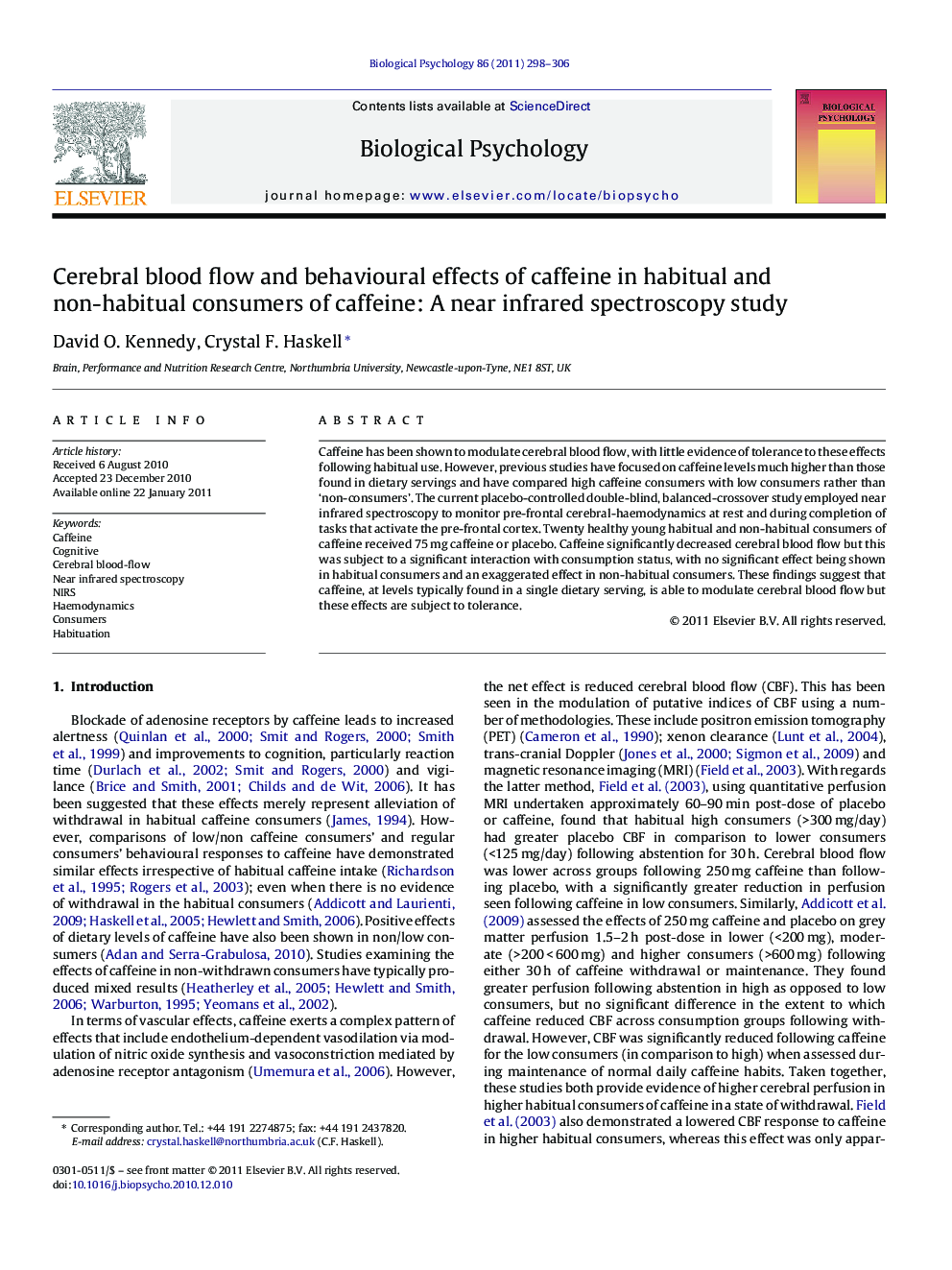Cerebral blood flow and behavioural effects of caffeine in habitual and non-habitual consumers of caffeine: A near infrared spectroscopy study