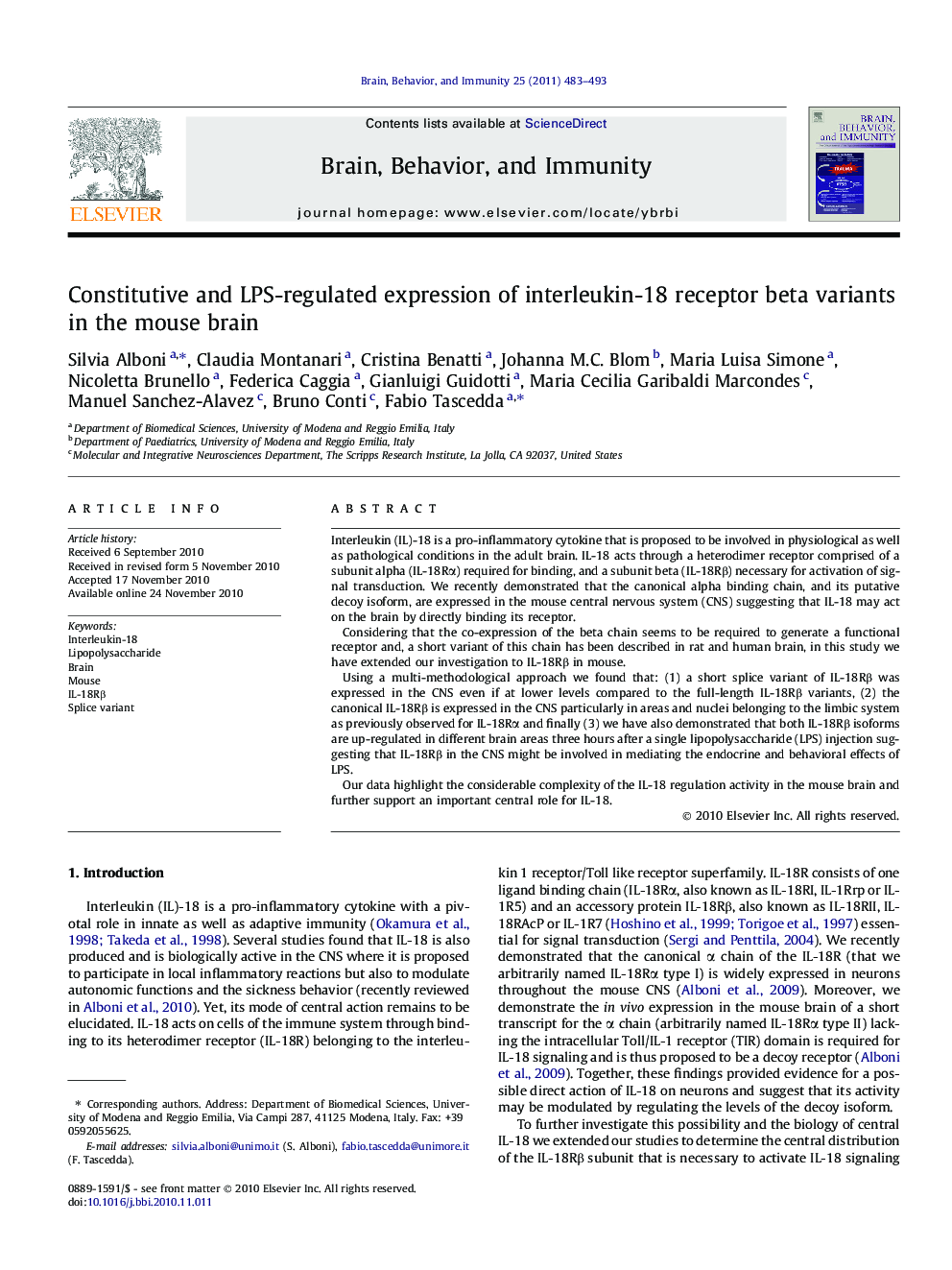 Constitutive and LPS-regulated expression of interleukin-18 receptor beta variants in the mouse brain