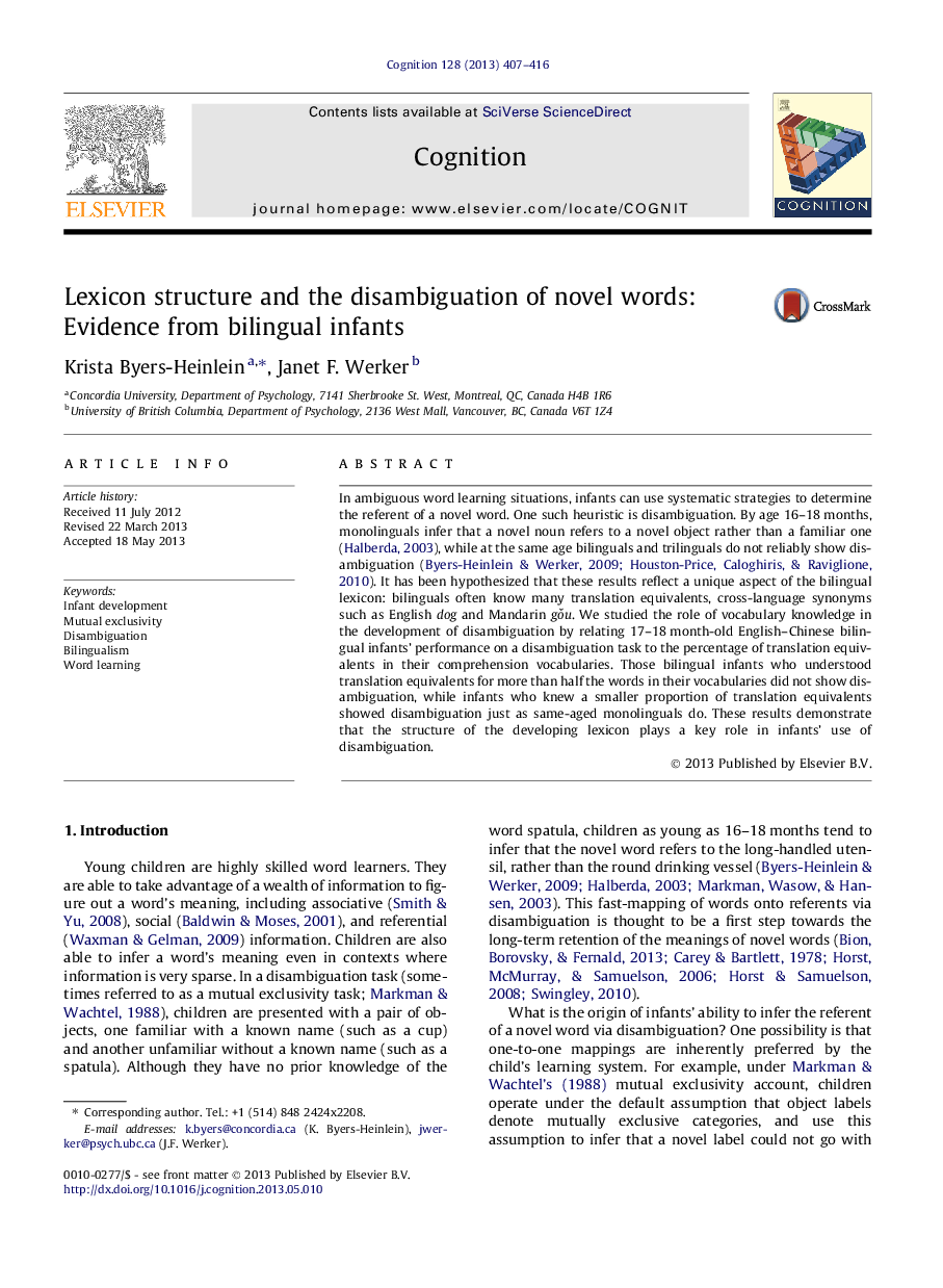 Lexicon structure and the disambiguation of novel words: Evidence from bilingual infants