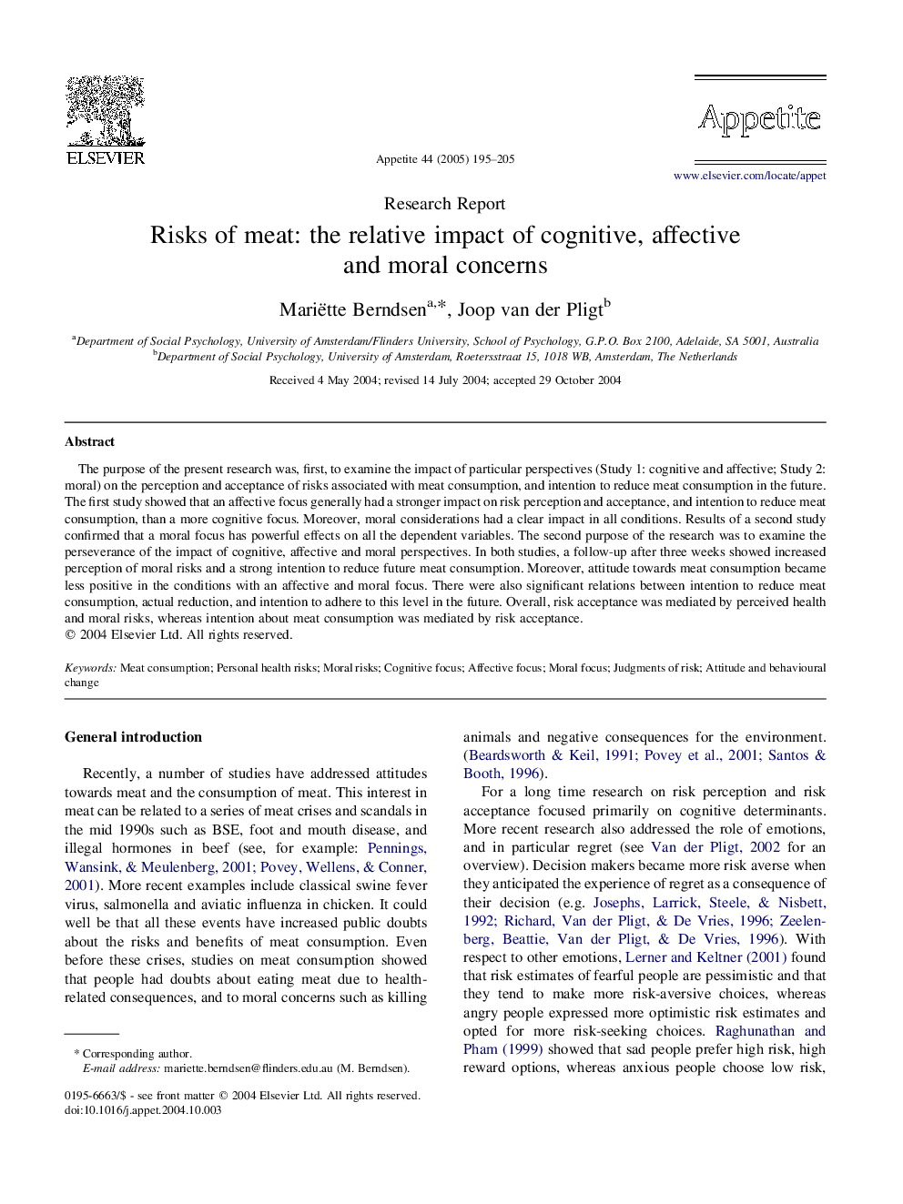 Risks of meat: the relative impact of cognitive, affective and moral concerns