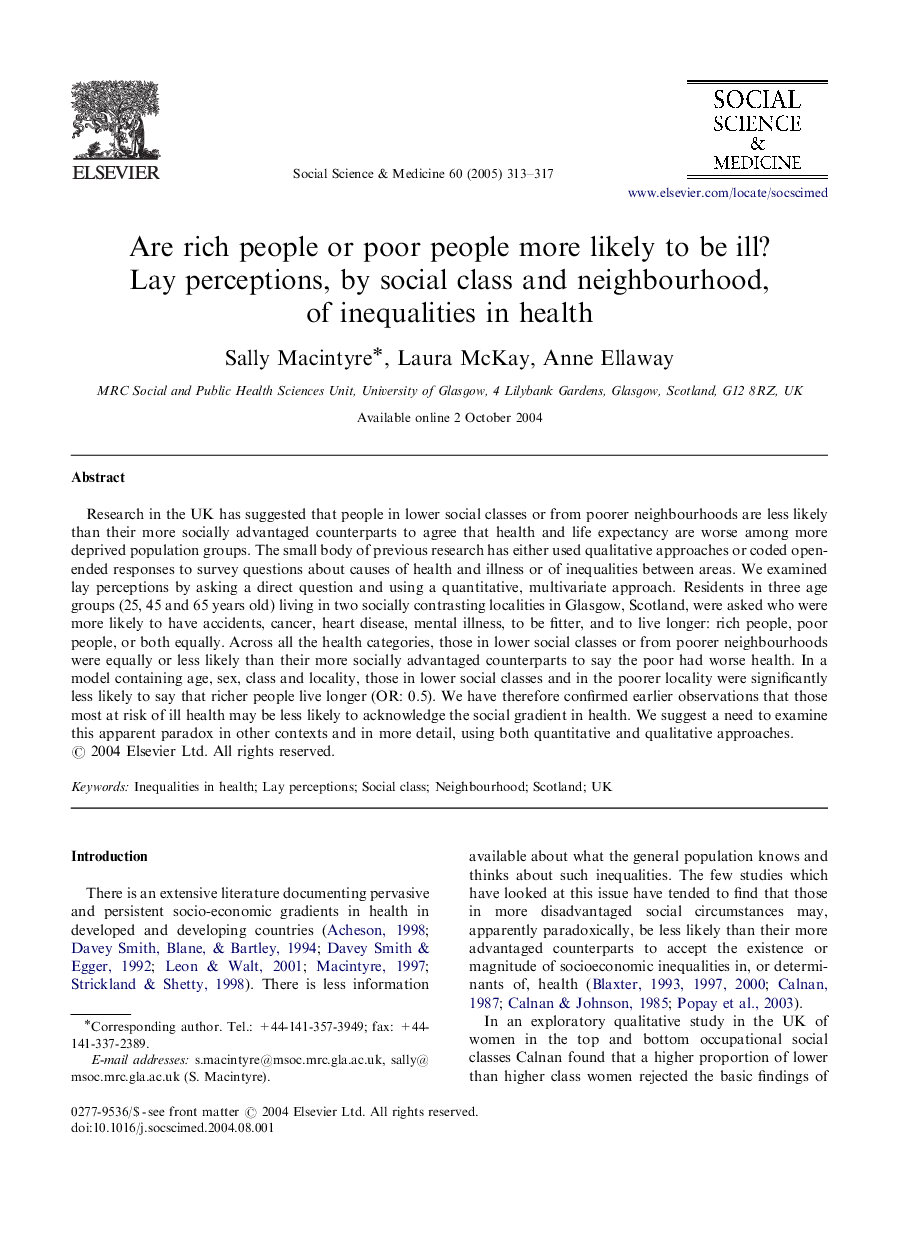 Are rich people or poor people more likely to be ill? Lay perceptions, by social class and neighbourhood, of inequalities in health