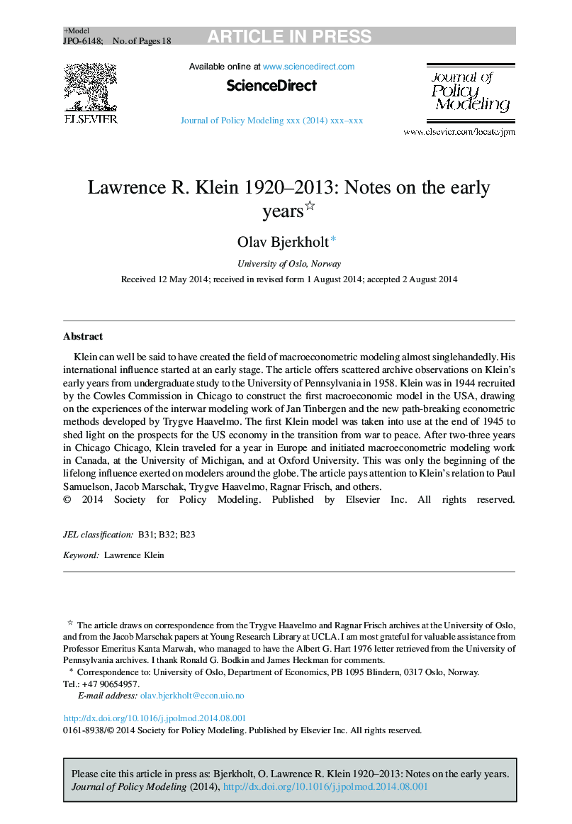 Lawrence R. Klein 1920-2013: Notes on the early years