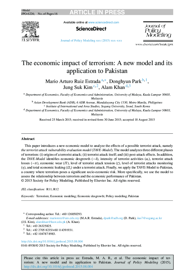 تأثیر اقتصادی تروریسم: یک مدل جدید و کاربرد آن در پاکستان 