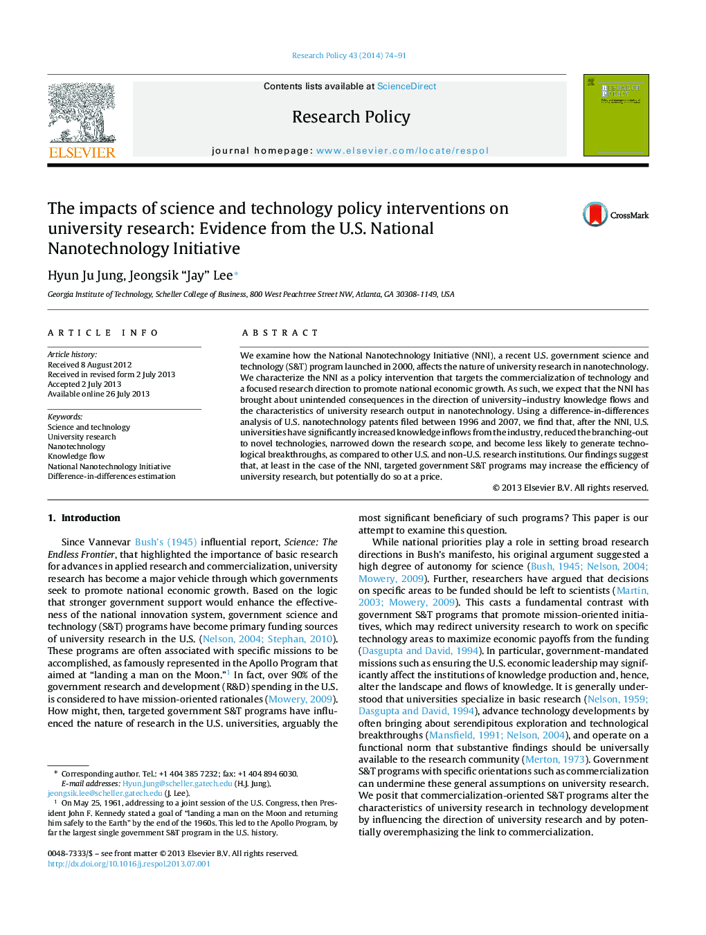 تأثیر مداخلات سیاست علمی و فناوری در تحقیقات دانشگاهی: شواهد از ابتکار ملی فناوری نانو در ایالات متحده 