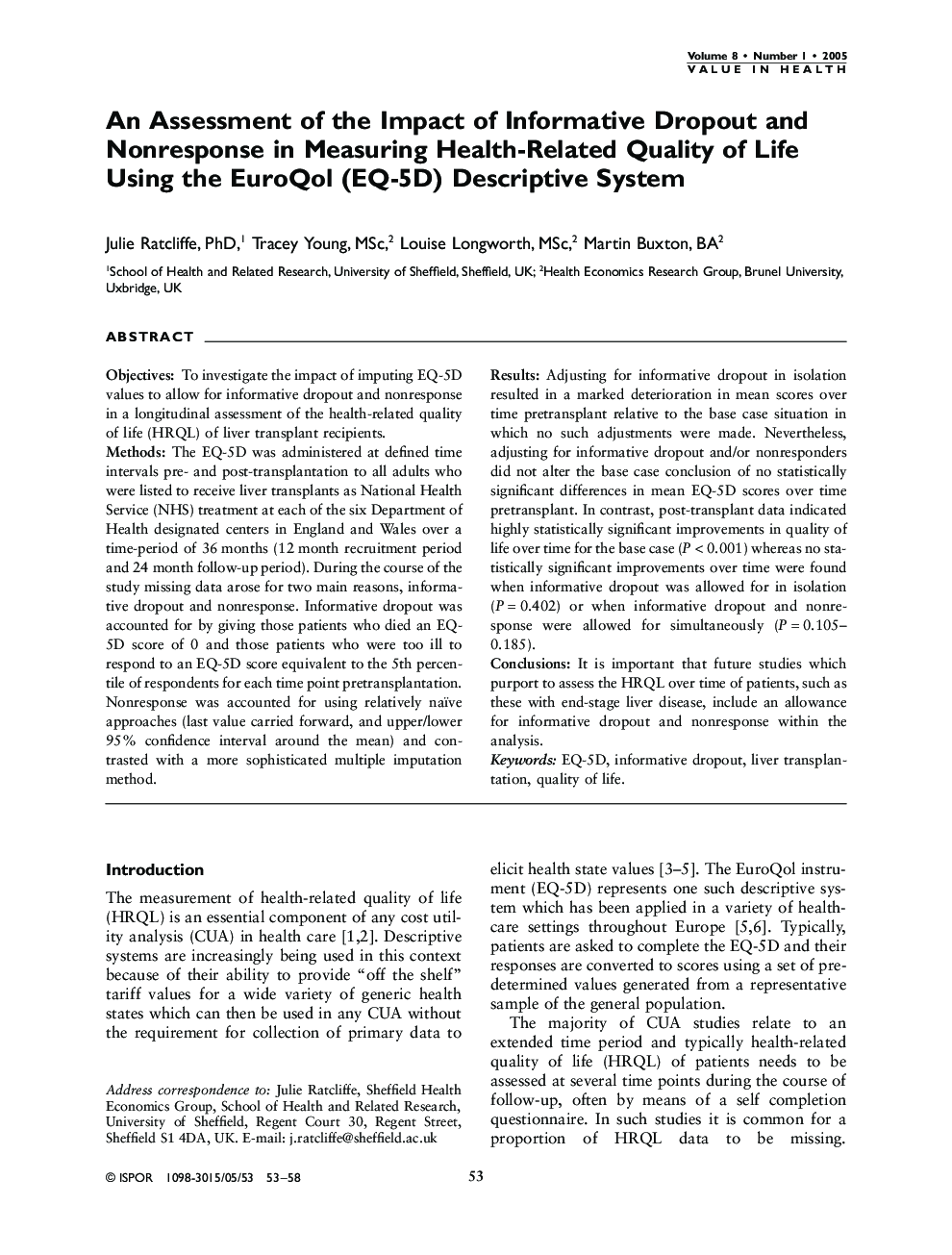 An Assessment of the Impact of Informative Dropout and Nonresponse in Measuring Health-Related Quality of Life Using the EuroQol (EQ-5D) Descriptive System