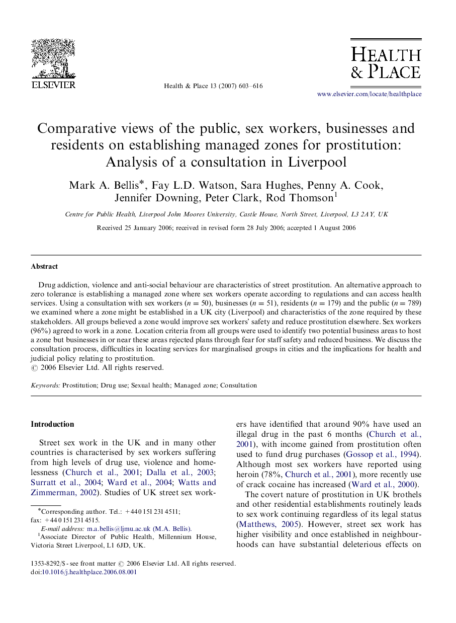 Comparative views of the public, sex workers, businesses and residents on establishing managed zones for prostitution: Analysis of a consultation in Liverpool