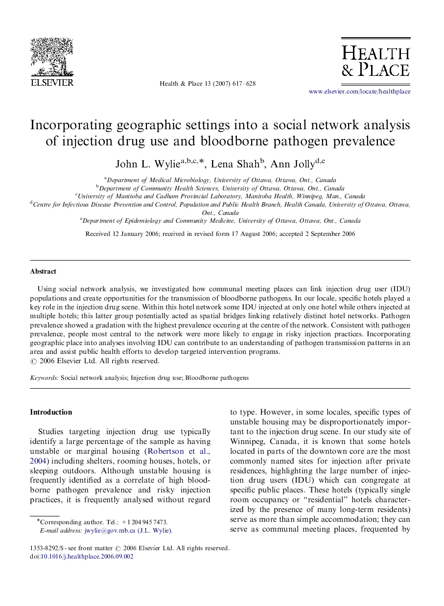 Incorporating geographic settings into a social network analysis of injection drug use and bloodborne pathogen prevalence