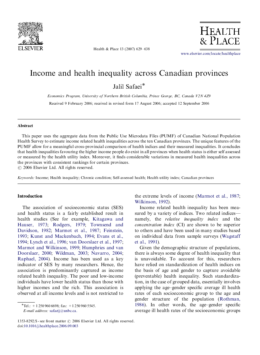 Income and health inequality across Canadian provinces