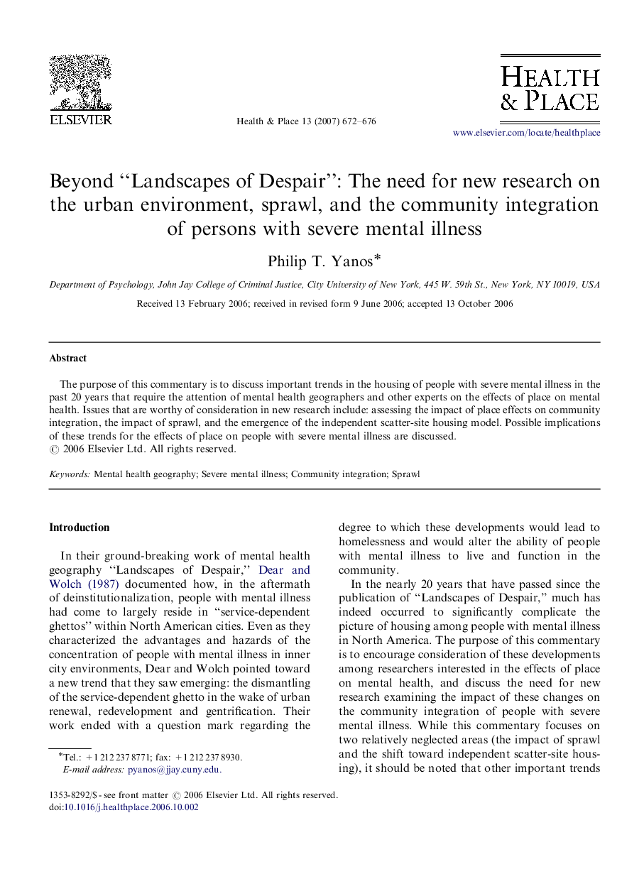 Beyond “Landscapes of Despair”: The need for new research on the urban environment, sprawl, and the community integration of persons with severe mental illness