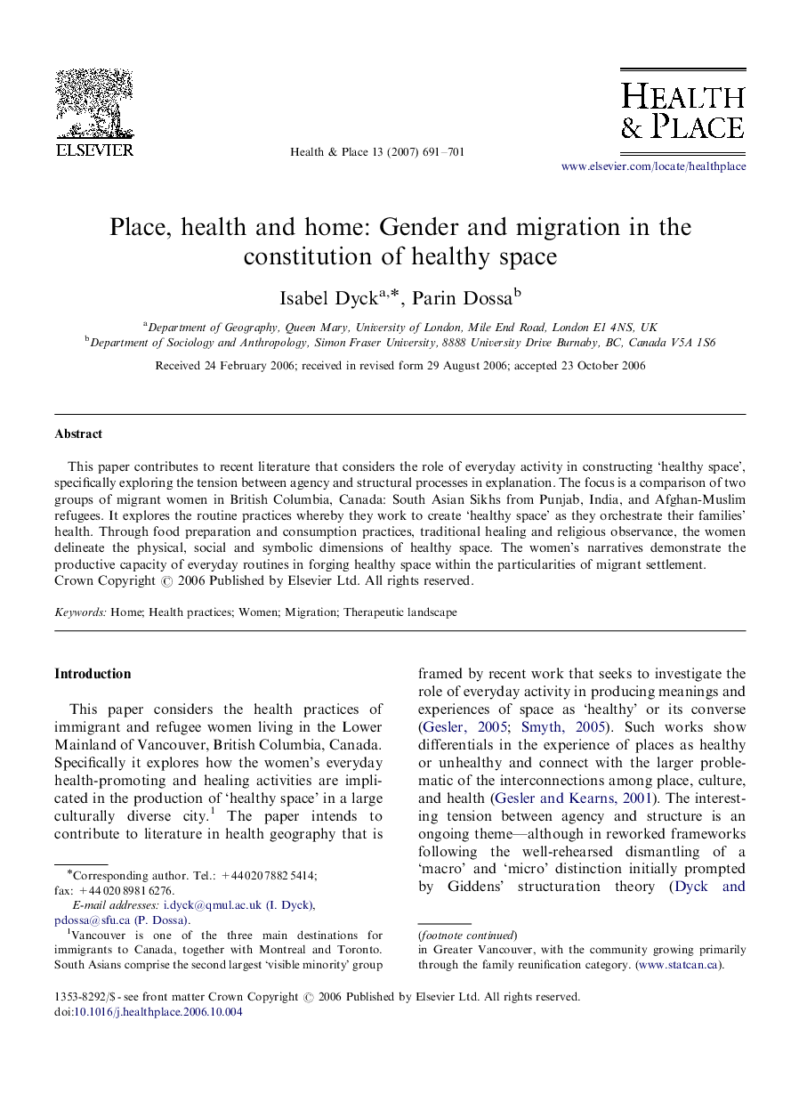 Place, health and home: Gender and migration in the constitution of healthy space