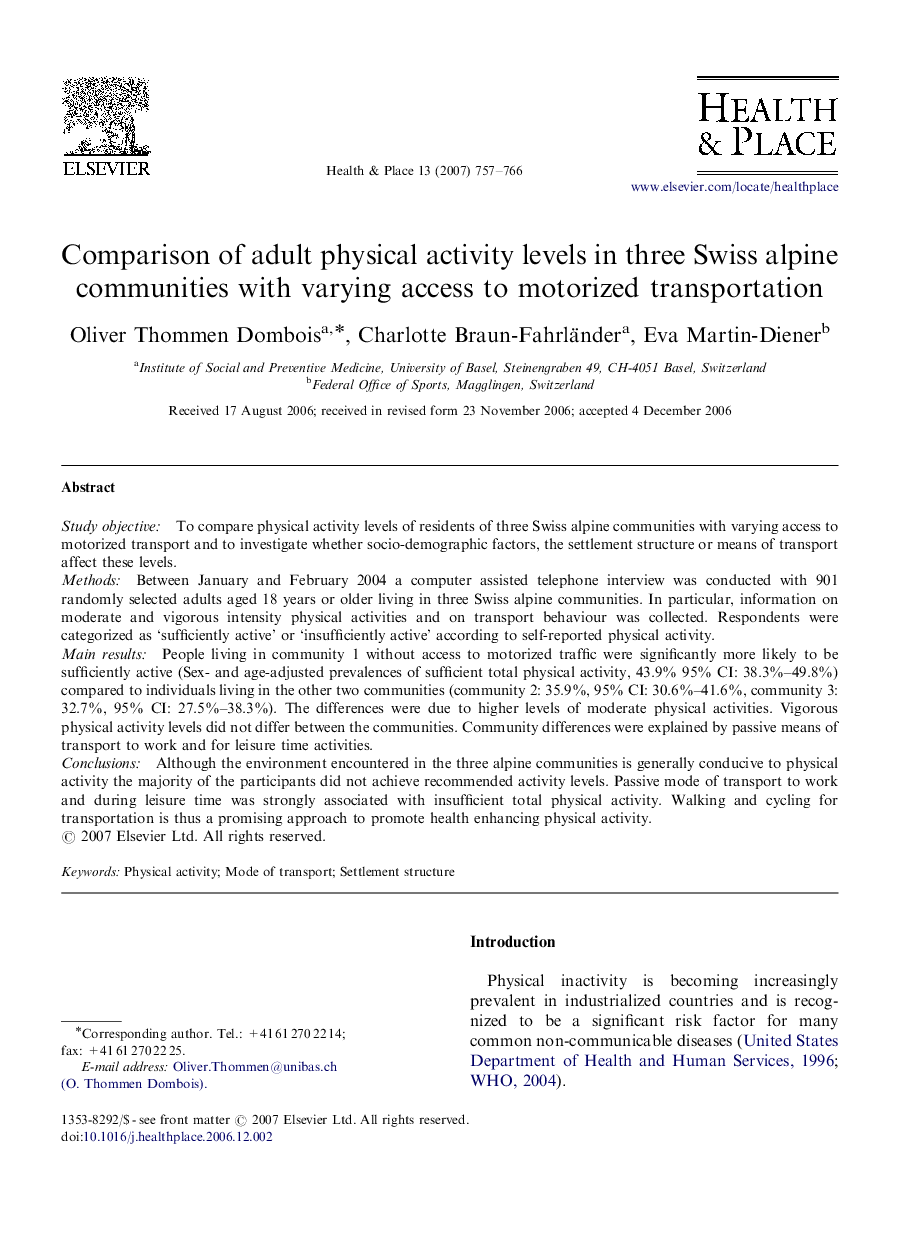 Comparison of adult physical activity levels in three Swiss alpine communities with varying access to motorized transportation