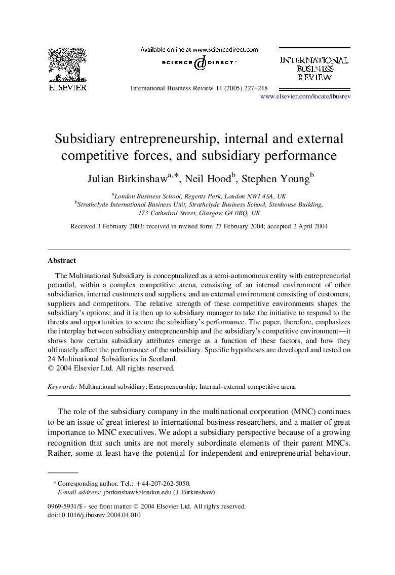 Subsidiary entrepreneurship, internal and external competitive forces, and subsidiary performance