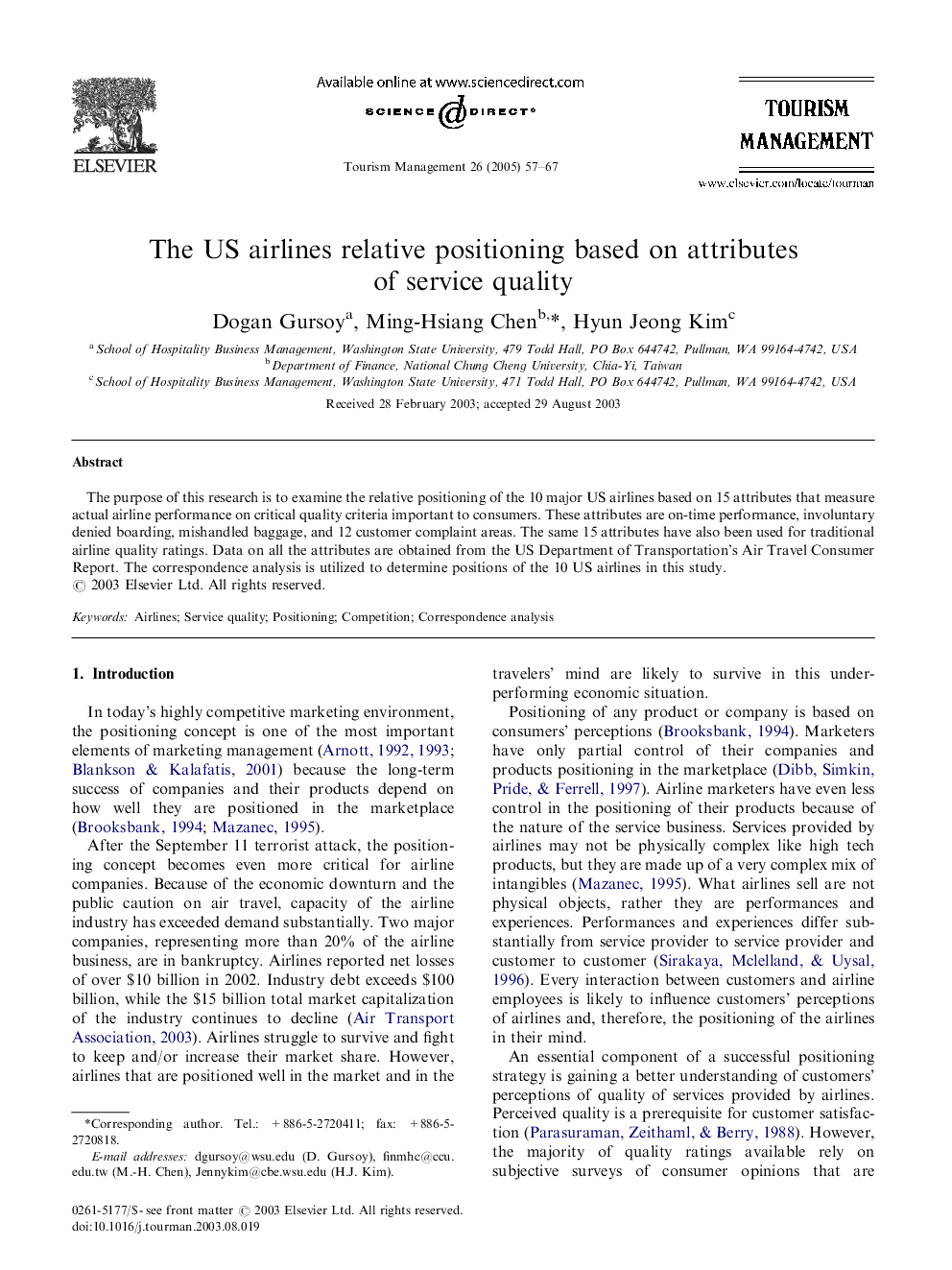 The US airlines relative positioning based on attributes of service quality