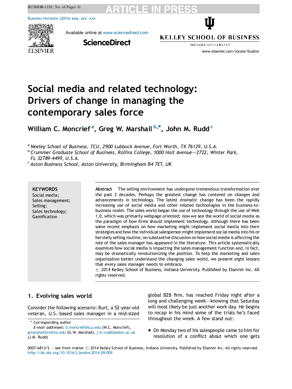 رسانه های اجتماعی و فن آوری های مرتبط: رانندگان تغییر در مدیریت نیروی فروش معاصر 