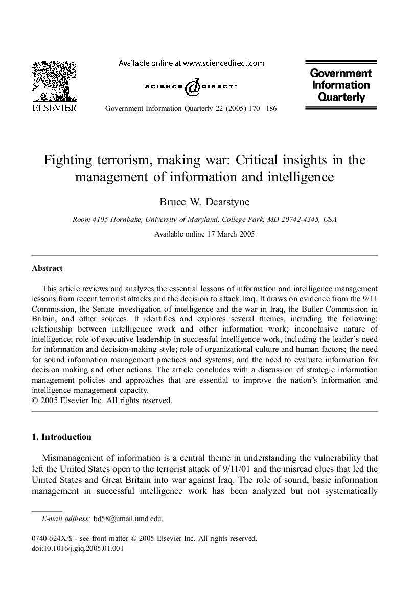 Fighting terrorism, making war: Critical insights in the management of information and intelligence