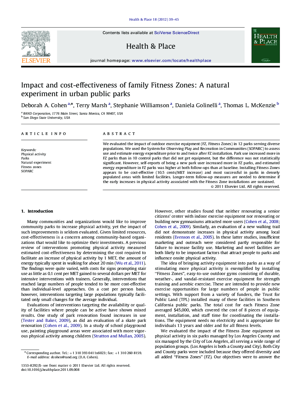 Impact and cost-effectiveness of family Fitness Zones: A natural experiment in urban public parks