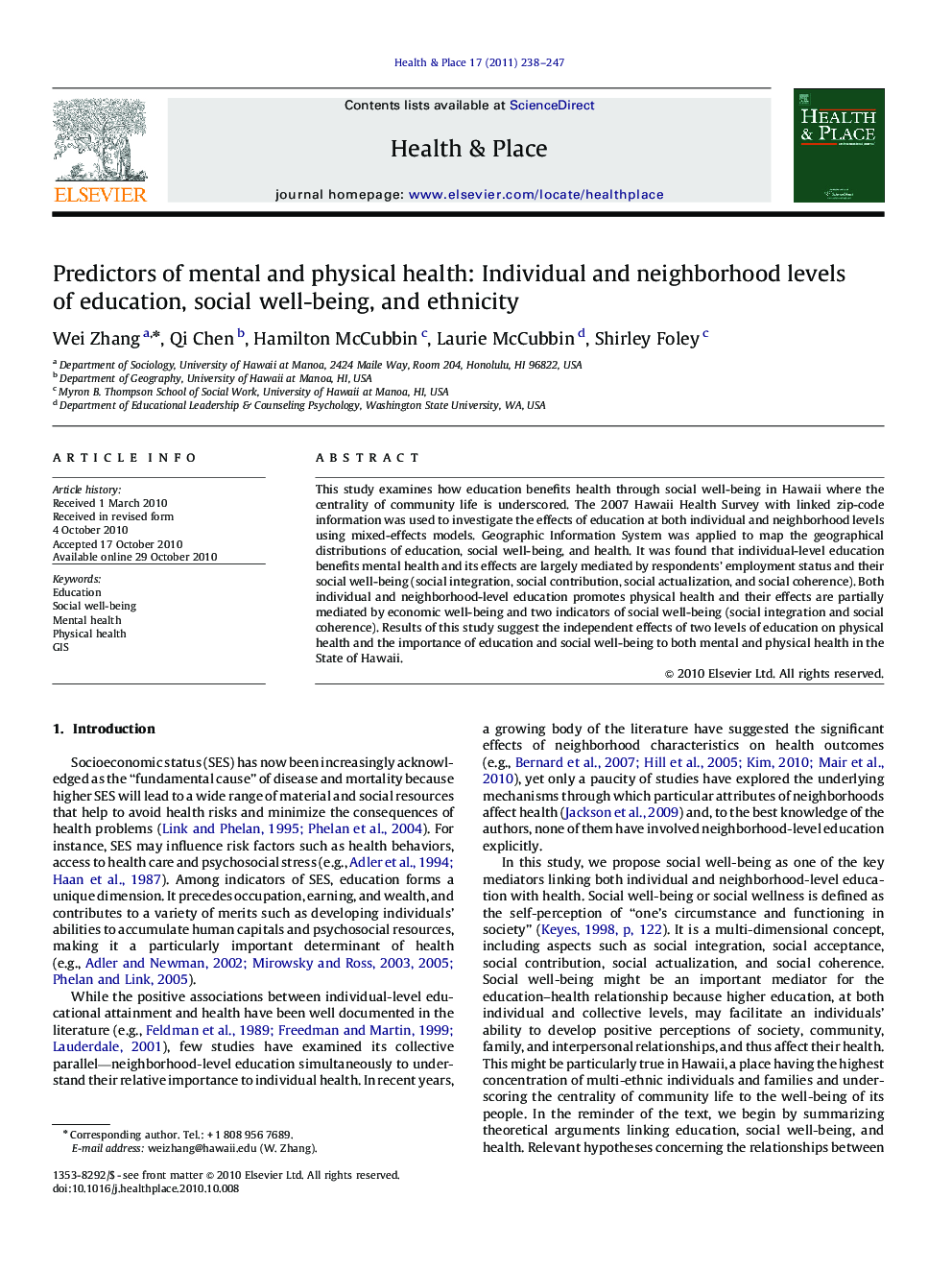 Predictors of mental and physical health: Individual and neighborhood levels of education, social well-being, and ethnicity