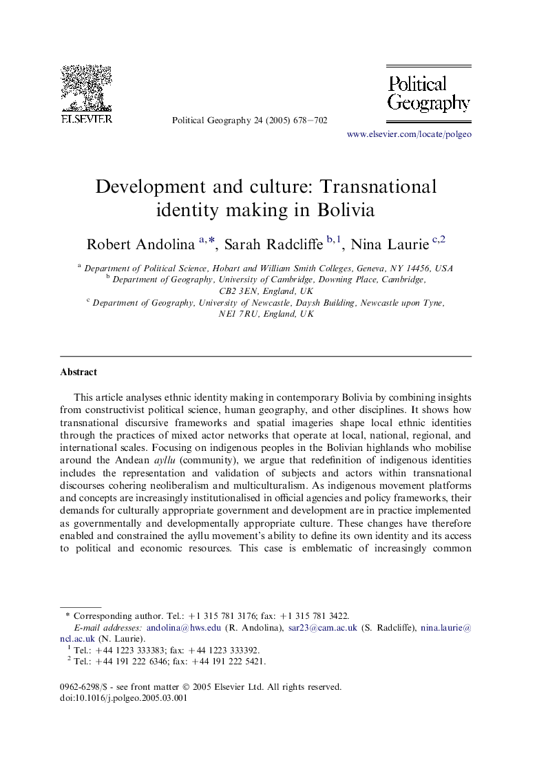 Development and culture: Transnational identity making in Bolivia