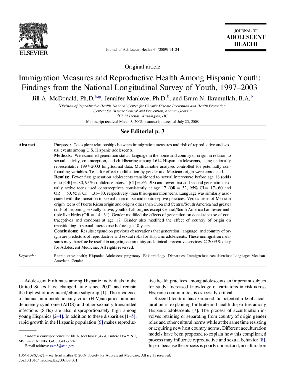 Immigration Measures and Reproductive Health Among Hispanic Youth: Findings from the National Longitudinal Survey of Youth, 1997-2003