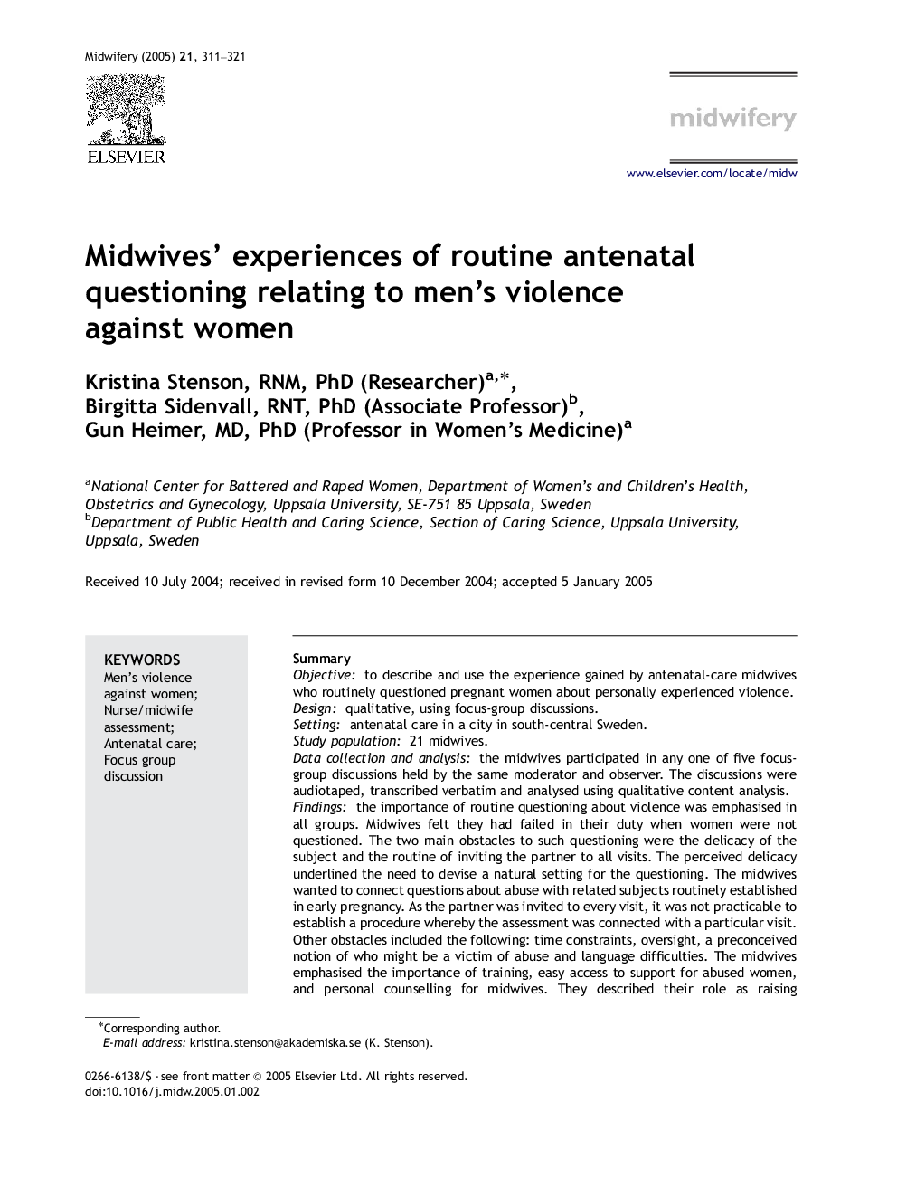 Midwives' experiences of routine antenatal questioning relating to men's violence against women