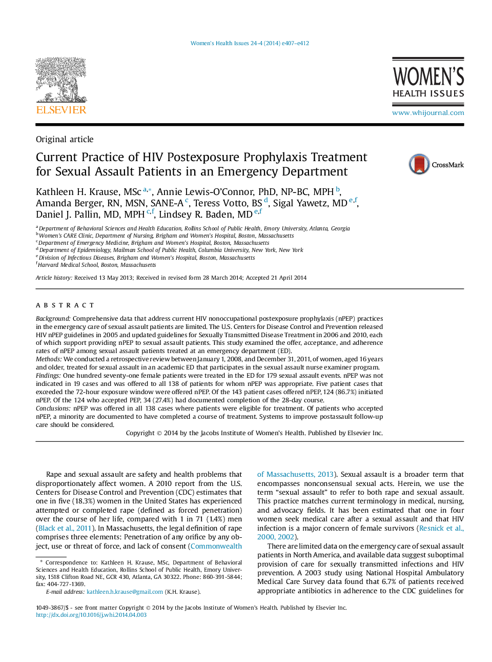 Current Practice of HIV Postexposure Prophylaxis Treatment for Sexual Assault Patients in an Emergency Department