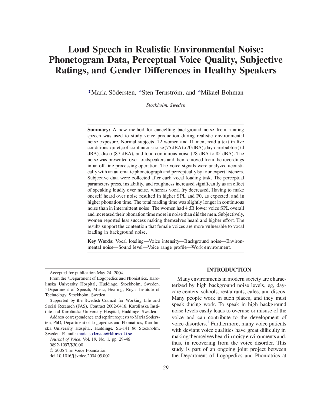 Loud Speech in Realistic Environmental Noise: Phonetogram Data, Perceptual Voice Quality, Subjective Ratings, and Gender Differences in Healthy Speakers