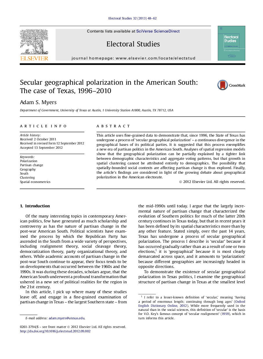 Secular geographical polarization in the American South: The case of Texas, 1996–2010