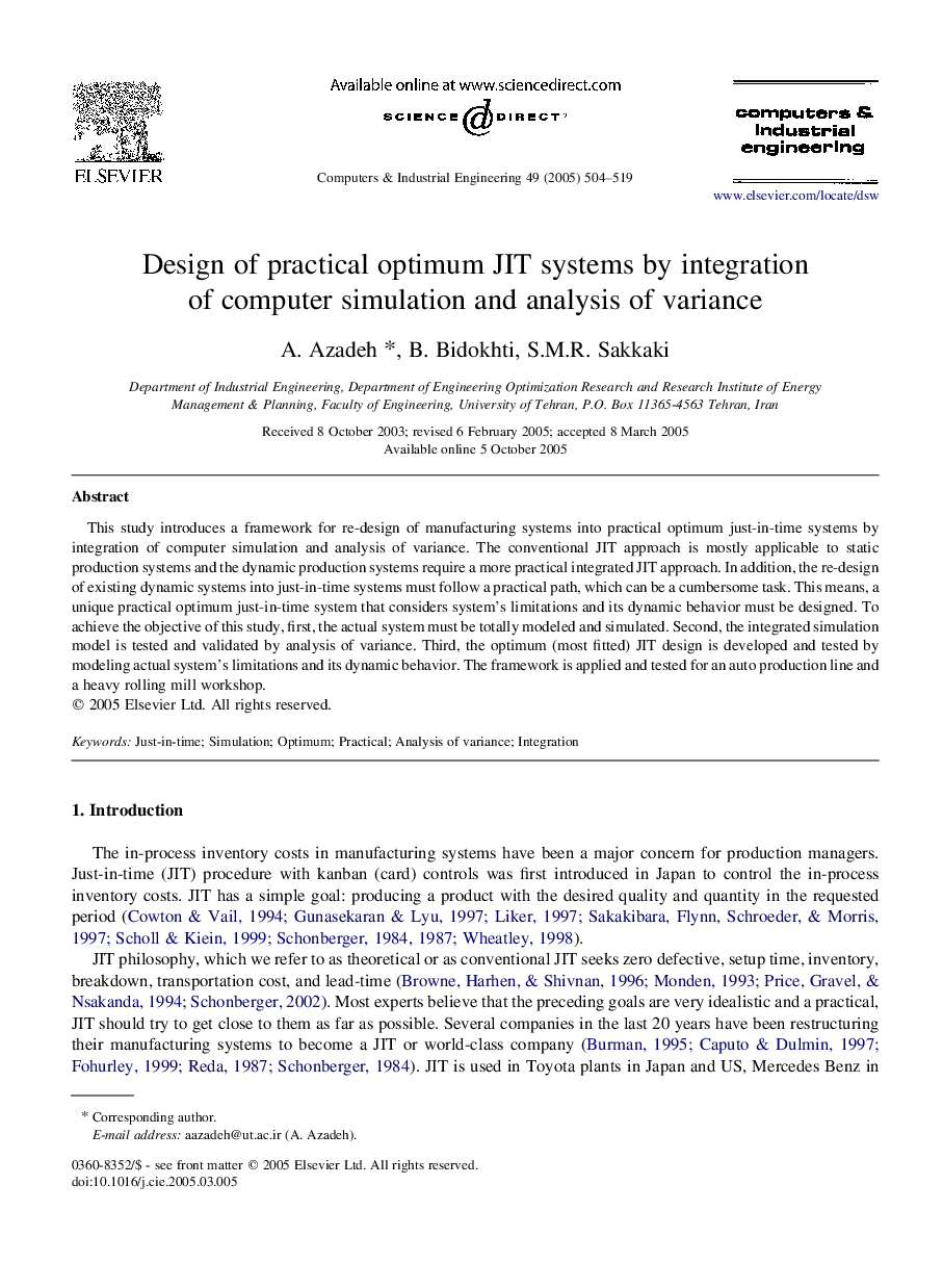 Design of practical optimum JIT systems by integration of computer simulation and analysis of variance
