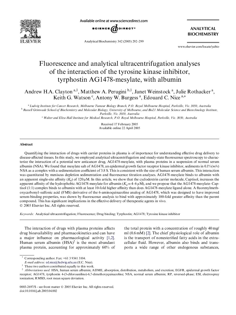 Fluorescence and analytical ultracentrifugation analyses of the interaction of the tyrosine kinase inhibitor, tyrphostin AG1478-mesylate, with albumin