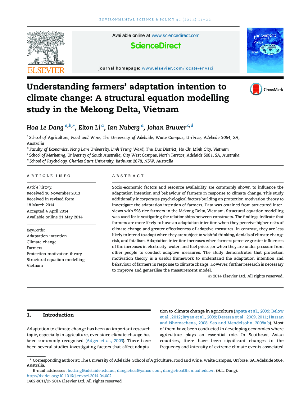 Understanding farmers’ adaptation intention to climate change: A structural equation modelling study in the Mekong Delta, Vietnam
