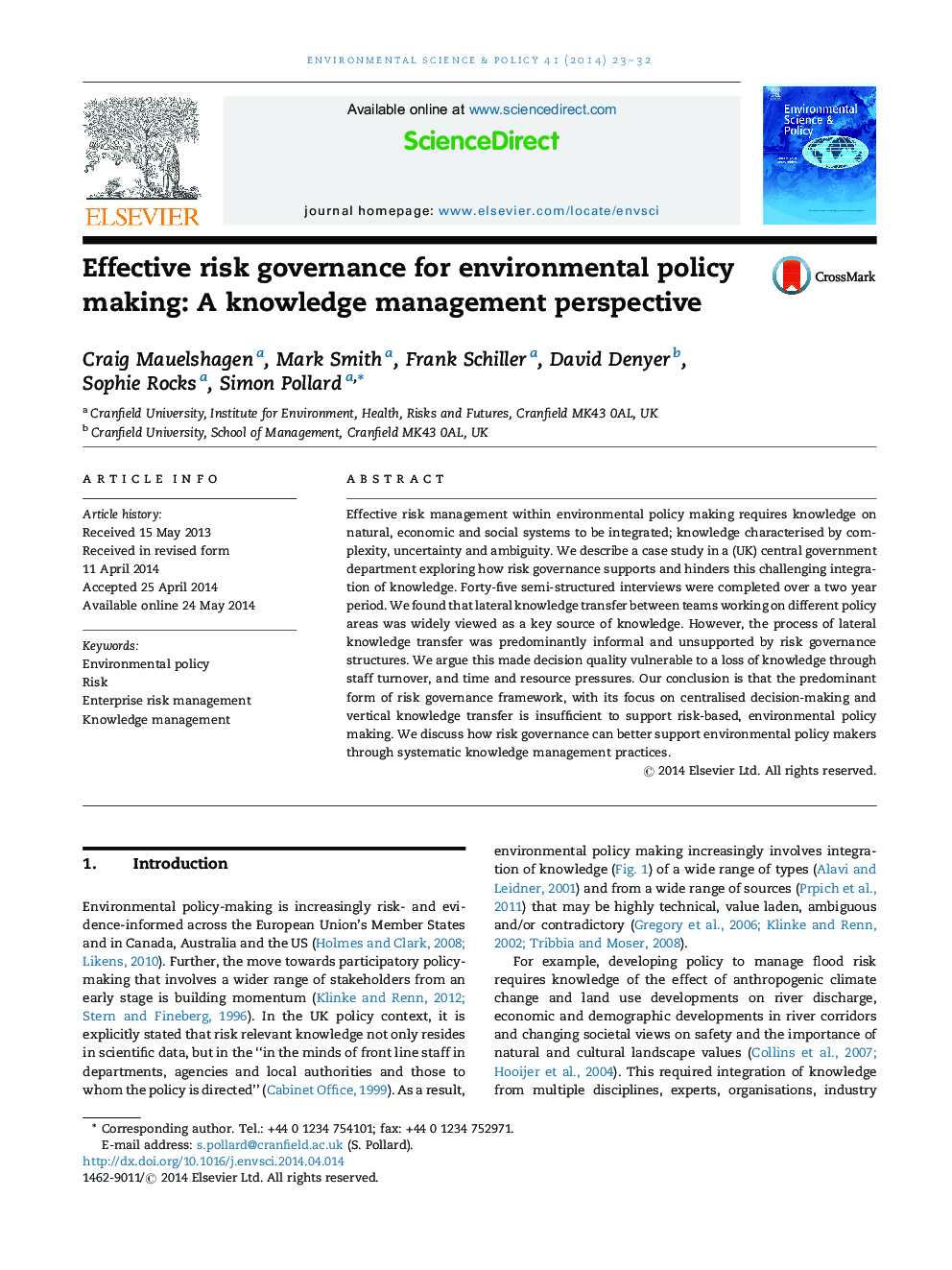 مدیریت ریسک موثر برای سیاست گذاری محیط زیست: دیدگاه مدیریت دانش 
