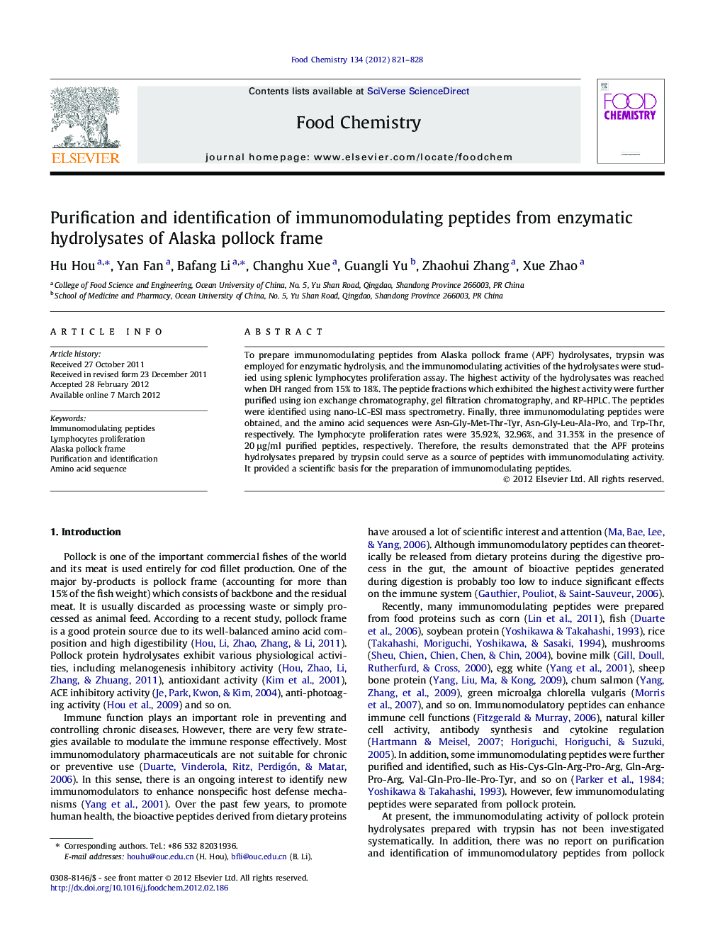 Purification and identification of immunomodulating peptides from enzymatic hydrolysates of Alaska pollock frame