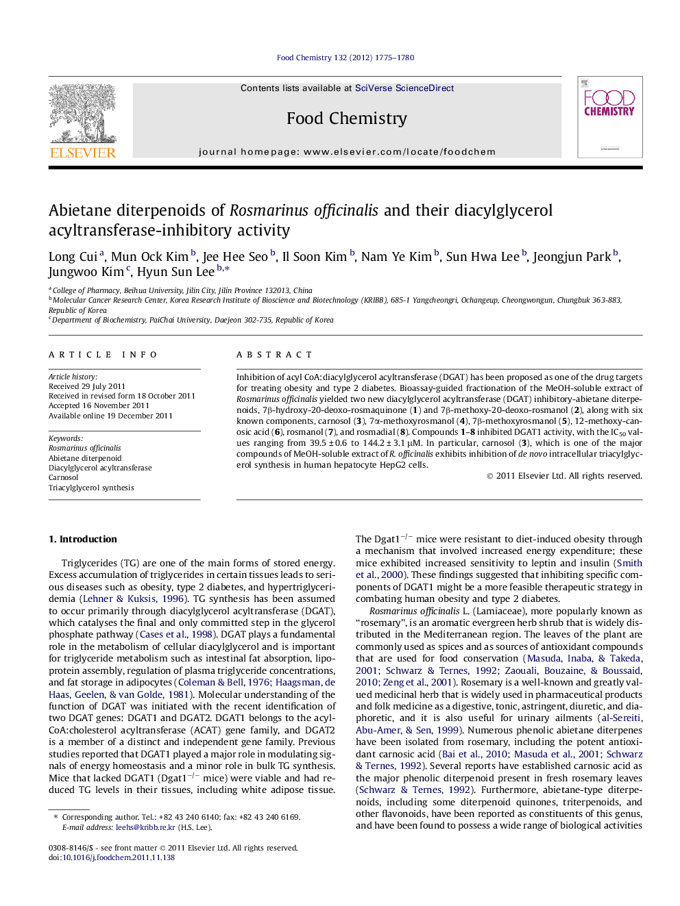 Abietane diterpenoids of Rosmarinus officinalis and their diacylglycerol acyltransferase-inhibitory activity