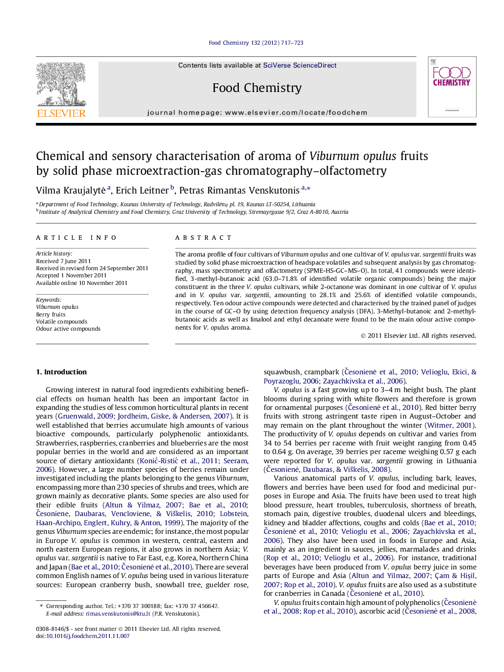 Chemical and sensory characterisation of aroma of Viburnum opulus fruits by solid phase microextraction-gas chromatography-olfactometry