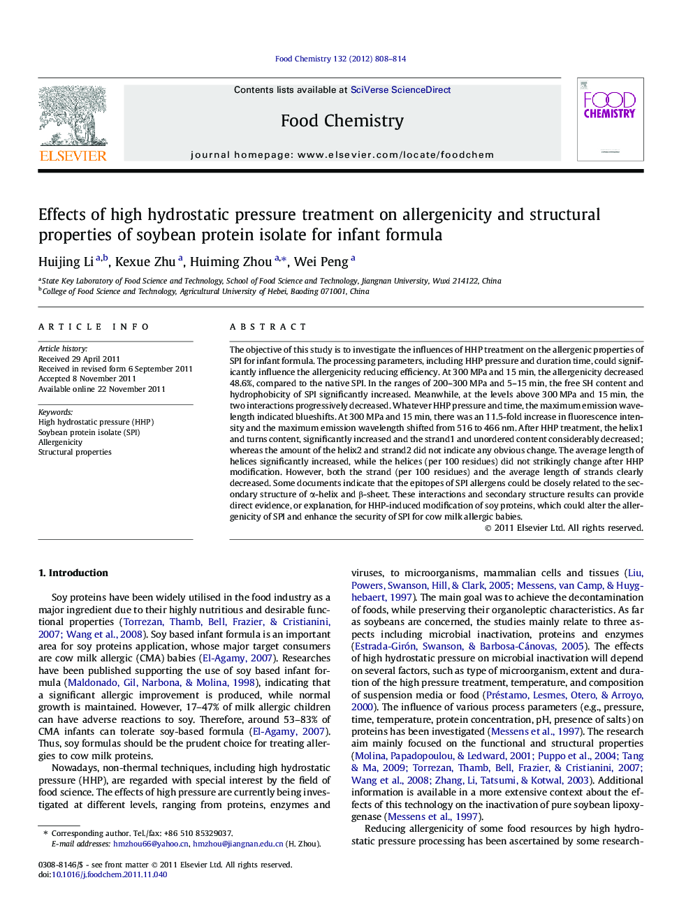 Effects of high hydrostatic pressure treatment on allergenicity and structural properties of soybean protein isolate for infant formula