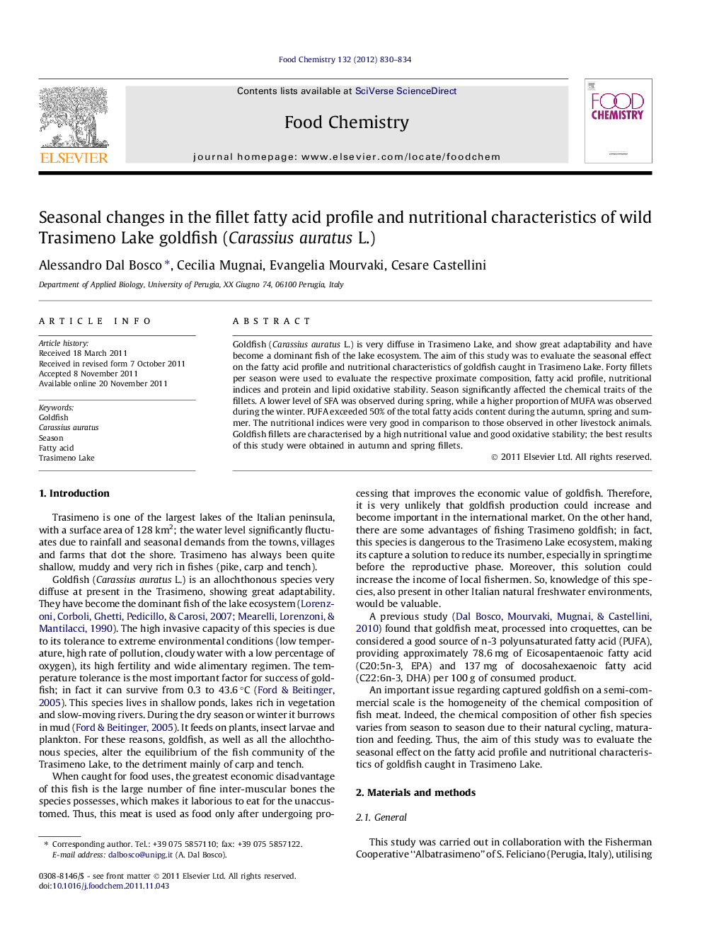 Seasonal changes in the fillet fatty acid profile and nutritional characteristics of wild Trasimeno Lake goldfish (Carassius auratus L.)