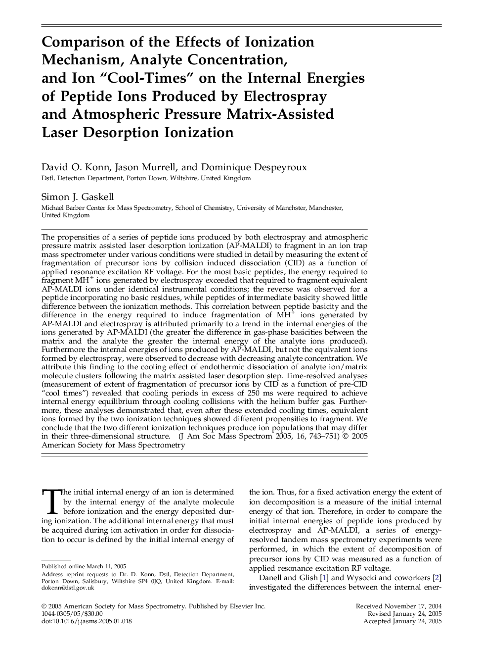 Comparison of the Effects of Ionization Mechanism, Analyte Concentration, and Ion “Cool-Times” on the Internal Energies of Peptide Ions Produced by Electrospray and Atmospheric Pressure Matrix-Assisted Laser Desorption Ionization