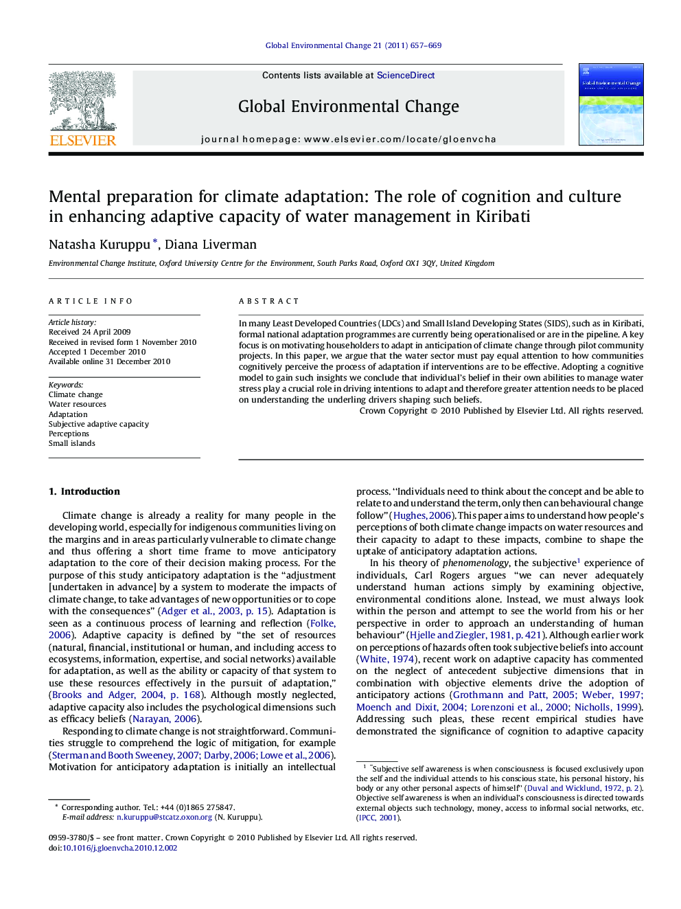 Mental preparation for climate adaptation: The role of cognition and culture in enhancing adaptive capacity of water management in Kiribati
